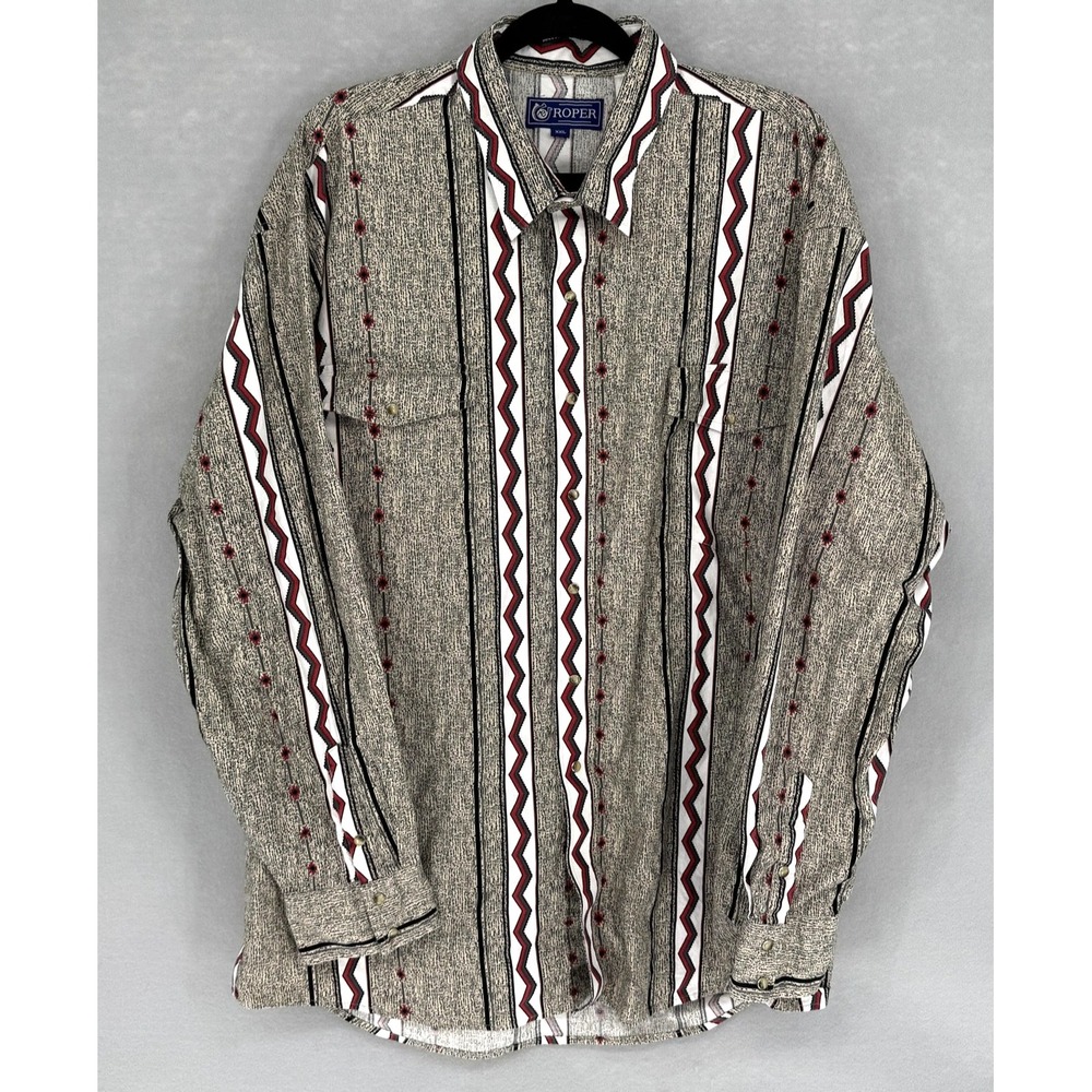 Vintage Roper Shirt Mens 2XL Beige Southwestern Stripe Western Snap Long‎ Sleeve